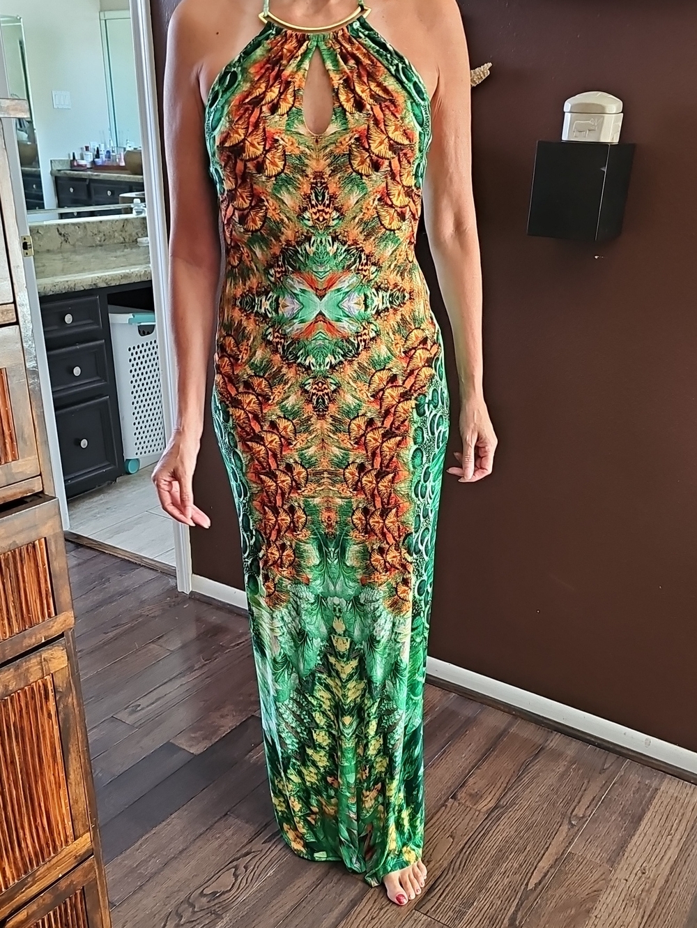Va Va Voom Green and Orange Halter-Style Maxi Dress - Size M